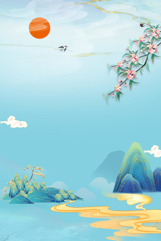 蓝色中国风樱花山水广告海报展板背景